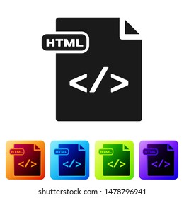 Black HTML file document. Download html button icon isolated on white background. HTML file symbol. Markup language symbol. Set icons in color square buttons. Vector Illustration