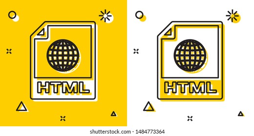 Black HTML file document. Download html button icon isolated on yellow and white background. HTML file symbol. Markup language symbol. Random dynamic shapes. Vector Illustration