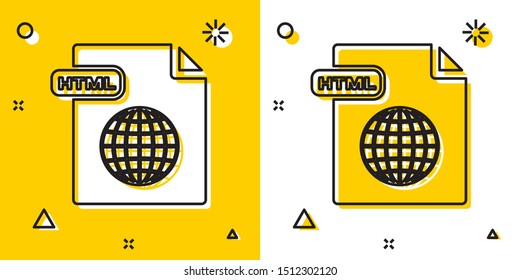 Black HTML file document. Download html button icon isolated on yellow and white background. HTML file symbol. Markup language symbol. Random dynamic shapes. Vector Illustration