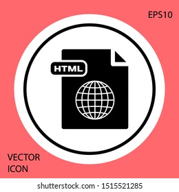 Black HTML file document. Download html button icon isolated on red background. HTML file symbol. Markup language symbol. White circle button. Vector Illustration