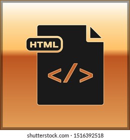 Black HTML file document. Download html button icon isolated on gold background. HTML file symbol. Markup language symbol.  Vector Illustration