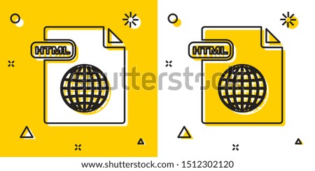 Black HTML file document. Download html button icon isolated on yellow and white background. HTML file symbol. Markup language symbol. Random dynamic shapes. Vector Illustration
