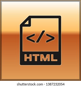 Black HTML file document icon. Download html button icon isolated on gold background. HTML file symbol. Markup language symbol. Vector Illustration
