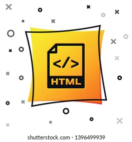 Black HTML file document icon. Download html button icon isolated on white background. HTML file symbol. Markup language symbol. Yellow square button. Vector Illustration