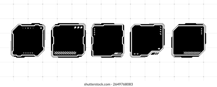 Quadro de caixa de texto preto hud com elementos de design futurista. Interface vetorial digital definida para interação moderna com o utilizador ou apresentação de ficção científica.