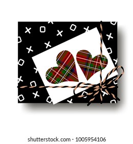 Black hugs and kisses gift present box with tied string bow and two plaid tartan hearts note. Wrapping diy idea. Vector illustration. Top view