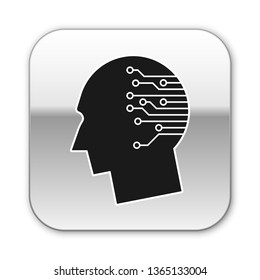 Black Human brain as digital circuit board icon isolated on white background. Artificial Intelligence. Human head outline with circuit lines inside. Silver square button. Vector Illustration
