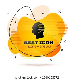 Black Human brain as digital circuit board icon isolated on white background. Artificial Intelligence. Human head outline with circuit lines inside. Fluid color banner. Vector Illustration