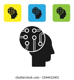 Black Human brain as digital circuit board icon isolated on white background. Human head outline with circuit lines inside. Set of colorful square icon buttons. Vector Illustration