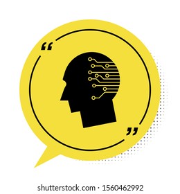 Black Human brain as digital circuit board icon isolated on white background. Artificial Intelligence. Human head outline with circuit lines inside. Yellow speech bubble symbol. Vector Illustration