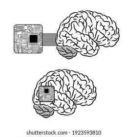 Black human brain silhouettes with electrical chip and circuit board integration and connection