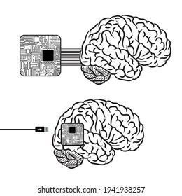 Black human brain silhouettes with electrical chip and circuit board integration and connection