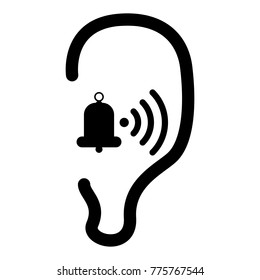Black human ear icon, black bell and wi-fi sign on white background, vector