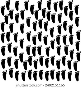 Black human footprint vector icon on white background. Footprints fill the background. Irregular black sole.