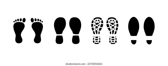 Black human footprints icon. Footstep print, shoe sole, footmarks. Muddy track of shoes. Barefoot man's step. vector illustration