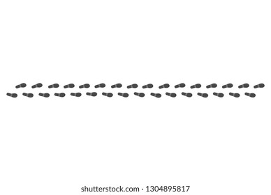 Black human footprints pathway isolated on white background - boots trace of man. Smooth route of walking person - path of monochrome silhouette of shoe sole track in vector illustration.