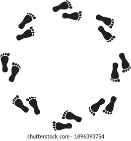 black human footprints running in a circle on a white background