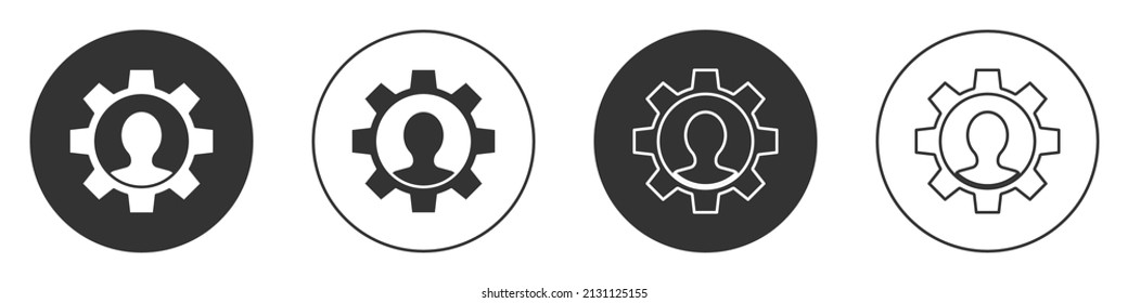 Schwarzer Mensch mit Zahnradsymbol einzeln auf weißem Hintergrund. Künstliche Intelligenz. Denken Sie an Hirnzeichen. Symbolarbeit des Gehirns. Circle Button. Vektorgrafik
