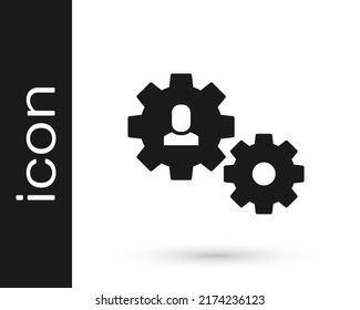 Black Human with gear icon isolated on white background. Artificial intelligence. Thinking brain sign. Symbol work of brain.  Vector