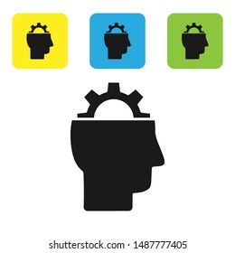 Black Human with gear inside icon isolated on white background. Artificial intelligence. Thinking brain sign. Symbol work of brain. Set icons colorful square buttons. Vector Illustration