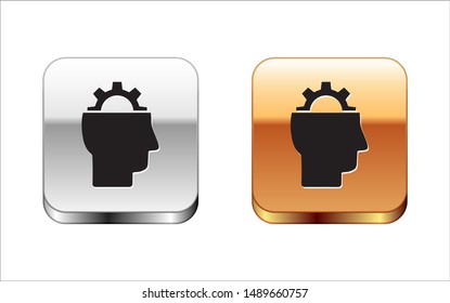 Black Human with gear inside icon isolated on white background. Artificial intelligence. Thinking brain sign. Symbol work of brain. Silver-gold square button. Vector Illustration