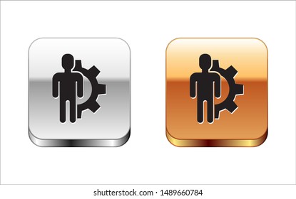 Black Human with gear inside icon isolated on white background. Artificial intelligence. Thinking brain sign. Symbol work of brain. Silver-gold square button. Vector Illustration