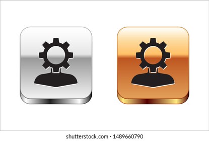 Black Human with gear inside icon isolated on white background. Artificial intelligence. Thinking brain sign. Symbol work of brain. Silver-gold square button. Vector Illustration