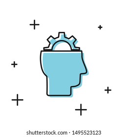 Black Human with gear inside icon isolated on white background. Artificial intelligence. Thinking brain sign. Symbol work of brain.  Vector Illustration