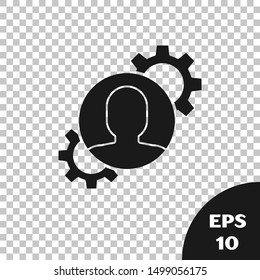Black Human with gear inside icon isolated on transparent background. Artificial intelligence. Thinking brain sign. Symbol work of brain.  Vector Illustration