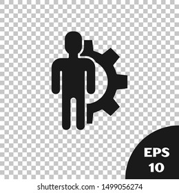 Black Human with gear inside icon isolated on transparent background. Artificial intelligence. Thinking brain sign. Symbol work of brain.  Vector Illustration