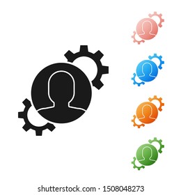 Black Human with gear inside icon isolated on white background. Artificial intelligence. Thinking brain sign. Symbol work of brain. Set icons colorful. Vector Illustration