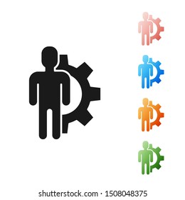 Black Human with gear inside icon isolated on white background. Artificial intelligence. Thinking brain sign. Symbol work of brain. Set icons colorful. Vector Illustration