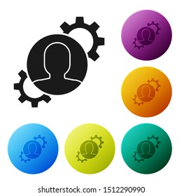 Black Human with gear inside icon isolated on white background. Artificial intelligence. Thinking brain sign. Symbol work of brain. Set icons colorful circle buttons. Vector Illustration