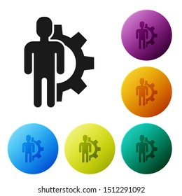 Black Human with gear inside icon isolated on white background. Artificial intelligence. Thinking brain sign. Symbol work of brain. Set icons colorful circle buttons. Vector Illustration