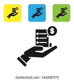 Black Human hand holding with blank receipt or bill for payment icon isolated on white background. Banking and business operations. Set icons colorful square buttons. Vector Illustration