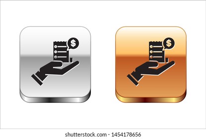 Black Human hand holding with blank receipt or bill for payment icon isolated on white background. Banking and business operations. Silver-gold square button. Vector Illustration