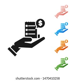 Black Human hand holding with blank receipt or bill for payment icon isolated on white background. Banking and business operations. Set icons colorful. Vector Illustration