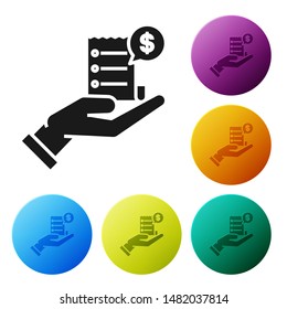 Black Human hand holding with blank receipt or bill for payment icon isolated on white background. Banking and business operations. Set icons colorful circle buttons. Vector Illustration