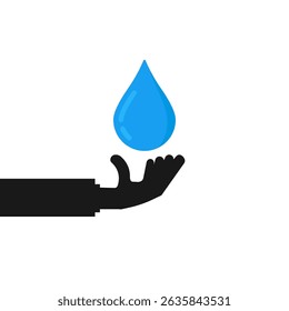 Mano humana negra que sostiene la gota de agua limpia. elemento de Diseño gráfico abstracto del logotipo de la serenidad moderna del balneario de la tendencia plana simple aislado en blanco. concepto de pictograma de la ecología y gota de lluvia o insignia del rocío