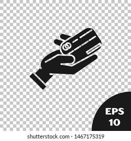 Black Human hand holding with credit card icon isolated on transparent background. Online payment. Pay by card. Financial operations.  Vector Illustration