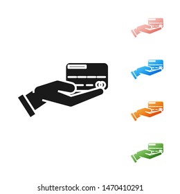 Black Human hand holding with credit card icon isolated on white background. Online payment. Pay by card. Financial operations. Set icons colorful. Vector Illustration