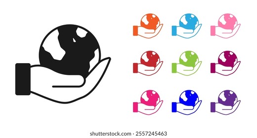 Black Human hand holding Earth globe icon isolated on white background. Save earth concept. Set icons colorful. Vector