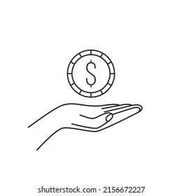 black human hand holding thin line dollar coin. linear modern design stroke art minimal logotype web graphic element. concept of currency management for business or get customer rebate or warranty