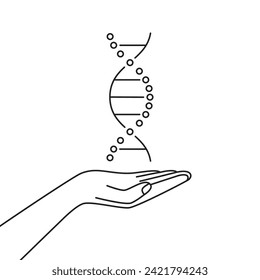 black human hand holding thin line dna helix. medical scientific experiment on deoxyribonucleic acid for future discoveries. simple linear graphic design element for medical popular science website