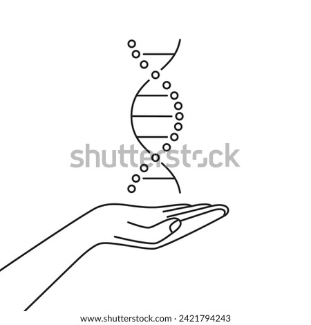 black human hand holding thin line dna helix. medical scientific experiment on deoxyribonucleic acid for future discoveries. simple linear graphic design element for medical popular science website