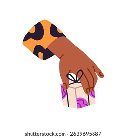 Black human hand with little wrapped gift box. Person holds, gives present in wrapping paper. Character exchanges surprises, gets congratulations. Flat isolated vector illustration on white background