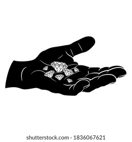 Schwarze menschliche Hand mit offener Palme, die gefackelte Diamanten hält. Schwarz-Weiß-Silhouette. Kreatives Konzept für Schmuck und Bergbau.