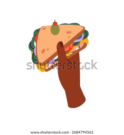 Black human hand with sandwich, triangle slices of bread with vegetables, ham. Person holds toasts for breakfast. Appetizing eating, food. Flat isolated vector illustration on white background