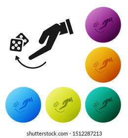 Black Human hand throwing game dice icon isolated on white background. Set icons colorful circle buttons. Vector Illustration