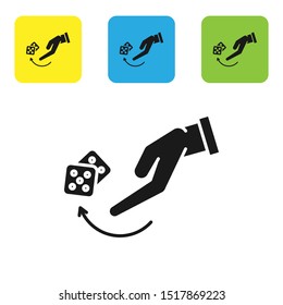 Black Human hand throwing game dice icon isolated on white background. Set icons colorful square buttons. Vector Illustration